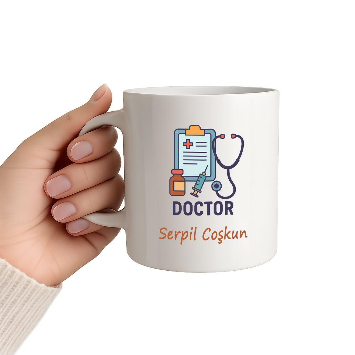 Renkli Tıbbi Ekipman Tasarımlı Kişiye Özel Doktor Kupa